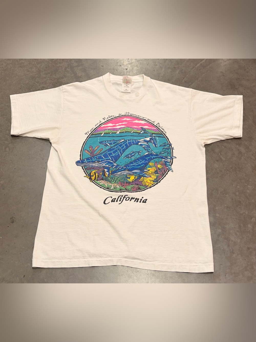 Fruit of the Loom California Whale Graphic Tee - White with Blue & Pink Print